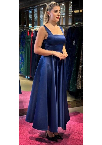 Lacivert Kalın Askı Kloş Etekli Saten Midi Abiye Elbise 7631 modelleri