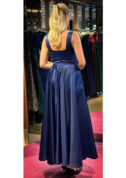 Lacivert Kalın Askı Kloş Etekli Saten Midi Abiye Elbise 7631 indirimleri