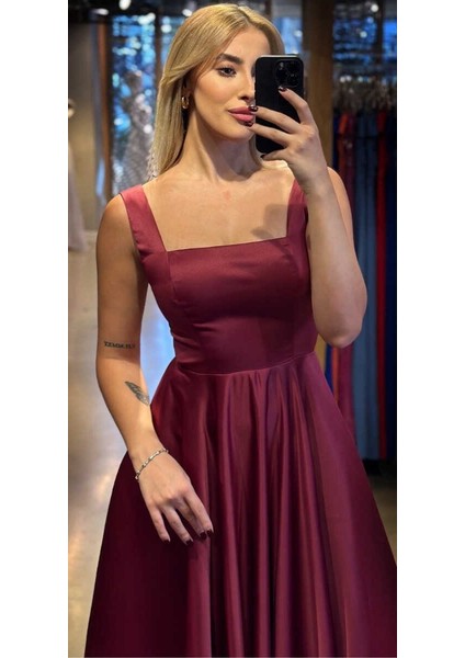 Vişne Renk Kalın Askı Kloş Etekli Saten Midi Abiye Elbise 7631 fiyatları