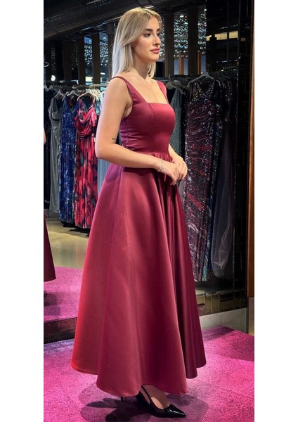 Vişne Renk Kalın Askı Kloş Etekli Saten Midi Abiye Elbise 7631 modelleri