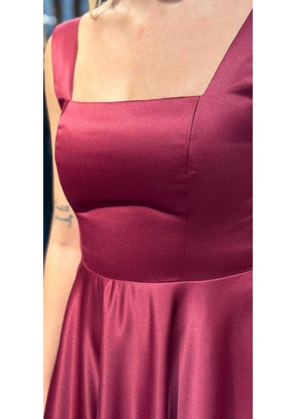 Vişne Renk Kalın Askı Kloş Etekli Saten Midi Abiye Elbise 7631 fırsatları