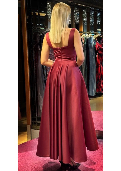 Vişne Renk Kalın Askı Kloş Etekli Saten Midi Abiye Elbise 7631 indirimleri