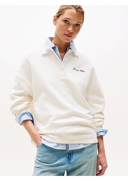 Kadın Yazı Baskılı Pike Rugby Beyaz Sweatshirt WW0WW45779YA8 modelleri