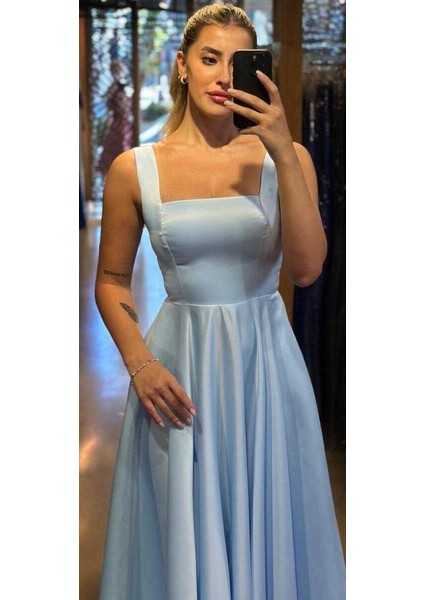 Mavi Kalın Askı Kloş Etekli Saten Midi Abiye Elbise 7631 fiyatları