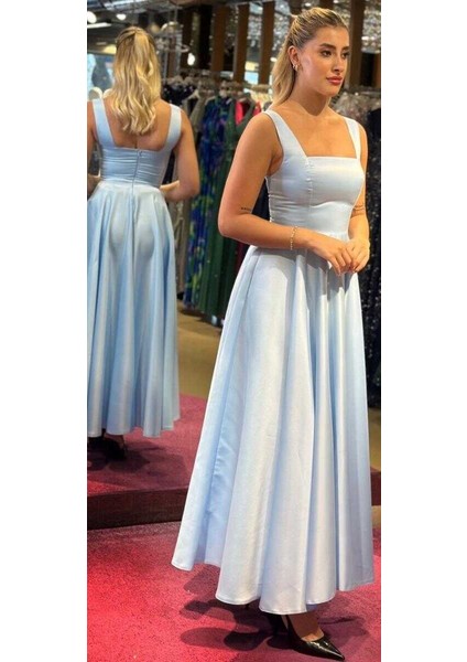 Mavi Kalın Askı Kloş Etekli Saten Midi Abiye Elbise 7631 modelleri