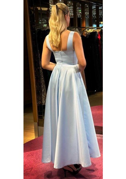 Mavi Kalın Askı Kloş Etekli Saten Midi Abiye Elbise 7631 indirimleri