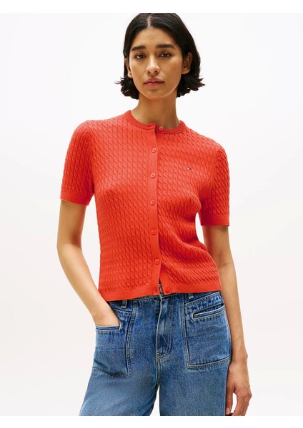 Kadın Pamuklu Ince Örgü Kısa Kollu Bisiklet Yaka Turuncu Kazak WW0WW45707SCX