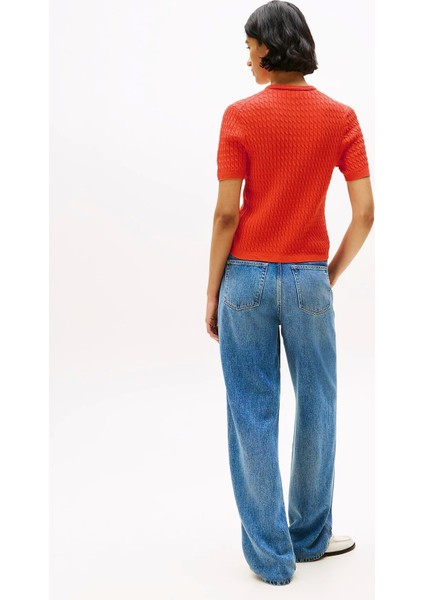 Kadın Pamuklu Ince Örgü Kısa Kollu Bisiklet Yaka Turuncu Kazak WW0WW45707SCX modelleri