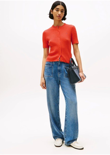 Kadın Pamuklu Ince Örgü Kısa Kollu Bisiklet Yaka Turuncu Kazak WW0WW45707SCX fırsatları