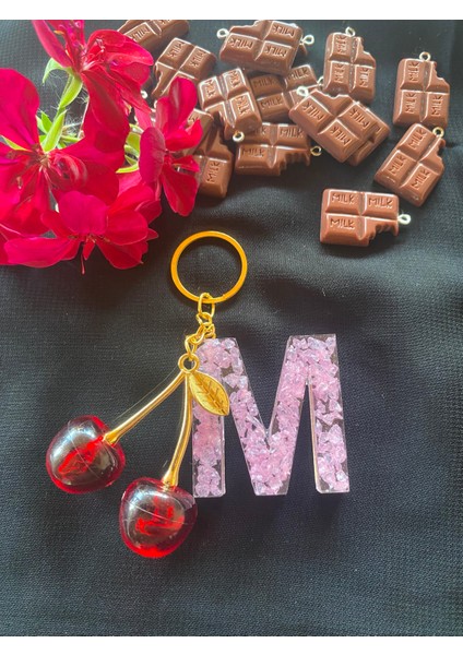 Taşlı Harf Anahtarlık+Kiraz Charm Kombin [kişiye Özel Her Renk]