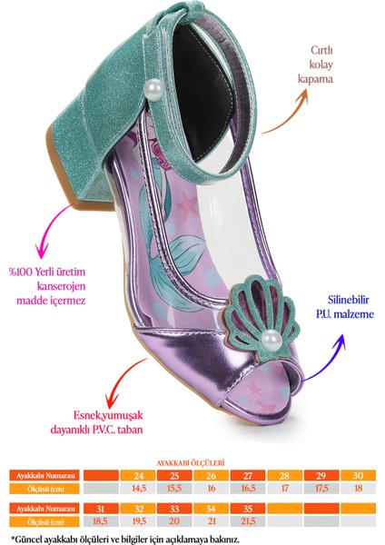 Deniz Kızı Şeffaf Burnu Açık Kız Çocuk Topuklu Abiye Ayakkabı fiyatları