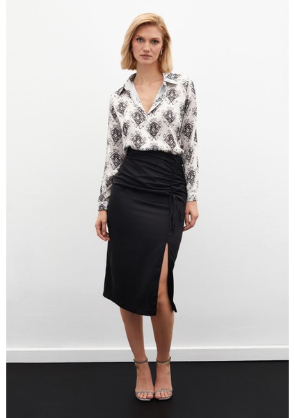 Büzgü Detaylı Saten Etek - Bej fiyatları