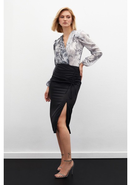 Büzgü Detaylı Saten Etek - Bej indirimleri