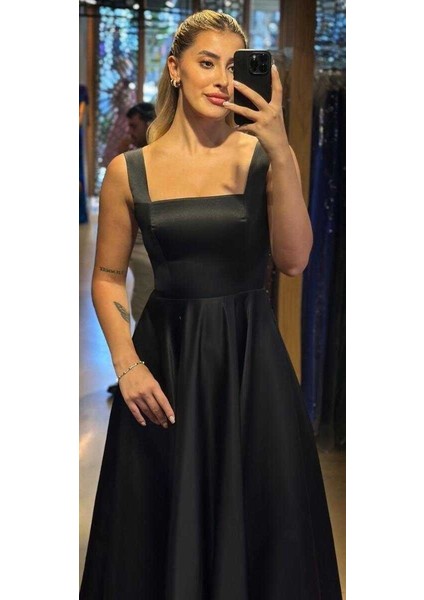 Siyah Kalın Askı Kloş Etekli Saten Midi Abiye Elbise 7631 fiyatları