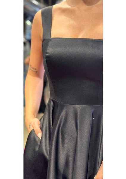 Siyah Kalın Askı Kloş Etekli Saten Midi Abiye Elbise 7631 fırsatları