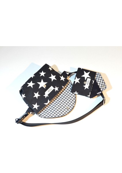 Yıldızlı Siyah Beyaz Füme Kareli Mini Bel Çantası, Cüzdan Hediye fiyatları