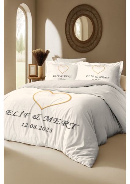 Kişiye Özel %100 Pamuk Nevresim Takımı – Kalp Tasarımlı Isim & Evlilik Tarihi Işlemeli