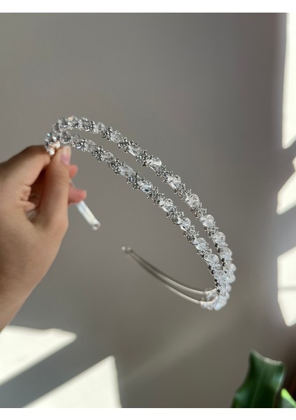 D13 Taş ve Boncuk Detaylı Çift Şerit Taç Gelin Tacı Nişan Tacı Kına Tacı Nikah Taç Zarif Taç Işıltılı Taç