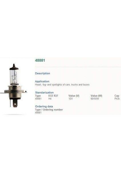 12V H4 43T 60/55W Tırnaklı Ampul (10 Adet Kutulu)