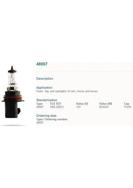 12V 9007 65/55W Hb5 Halogen Ampul