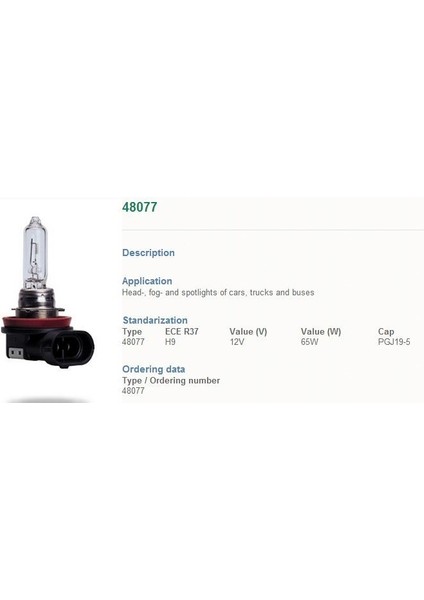 12V 65W H9 Ampul PGJ19-5