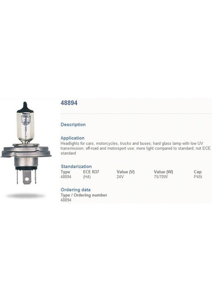 24V 75/70 H4 45T Tablalı Ampul (10 Adet Kutulu)