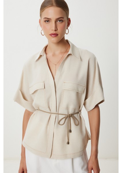 Bağlama Detaylı Keten Gömlek LDP0076 Bej