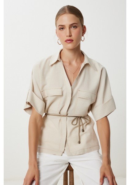 Bağlama Detaylı Keten Gömlek LDP0076 Bej fiyatları