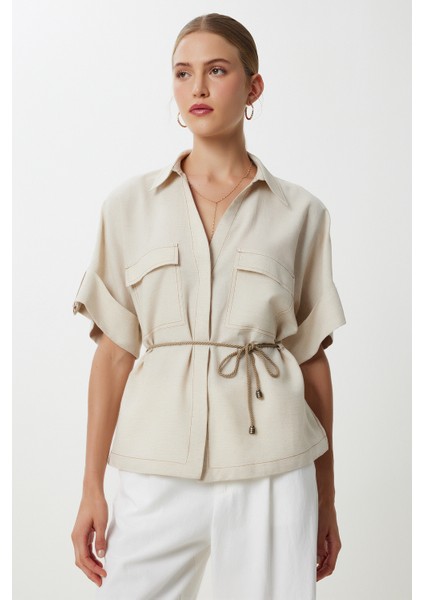 Bağlama Detaylı Keten Gömlek LDP0076 Bej modelleri