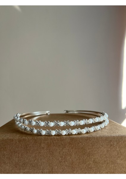 D14 Taş ve Inci Detaylı Çift Şerit Taç Inci ve Taş Detaylı Çift Sıralı Gelin Tacı Zarif Saç Bandı