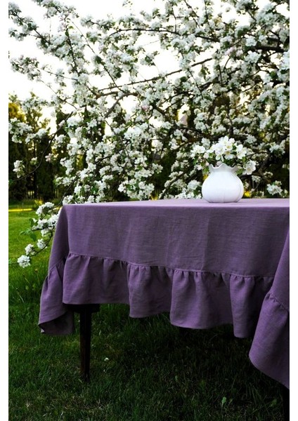 Buldan Keten Fırfırlı Vintage Mor Masa Örtüsü