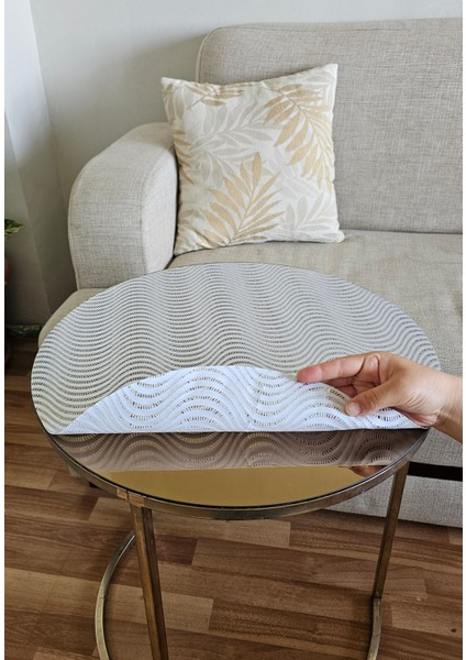 Orta Sehpa Gümüş Paralel Çizgili Yuvarlak Pvc Dantelli Sehpa Örtüsü Çeyizlik Şeffaf Pvc Masa Örtüsü