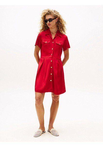 Kadın Viskon Twill Kısa Kollu Kloş Mini Kırmızı Elbise WW0WW45819XLD