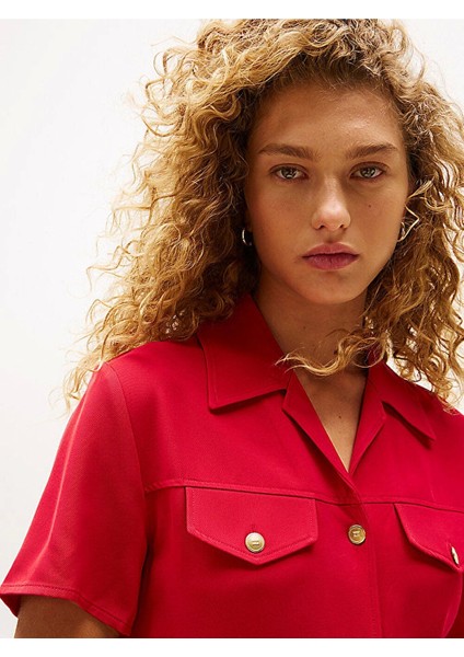 Kadın Viskon Twill Kısa Kollu Kloş Mini Kırmızı Elbise WW0WW45819XLD modelleri