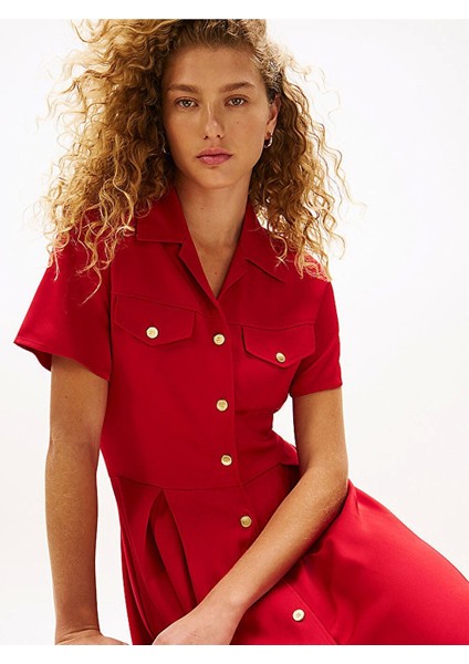 Kadın Viskon Twill Kısa Kollu Kloş Mini Kırmızı Elbise WW0WW45819XLD fırsatları