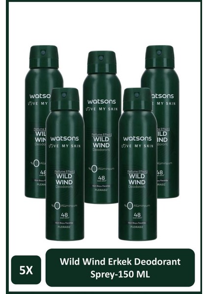 Wild Wind Deodorant Sprey Erkek Pudrasız 5x150ml