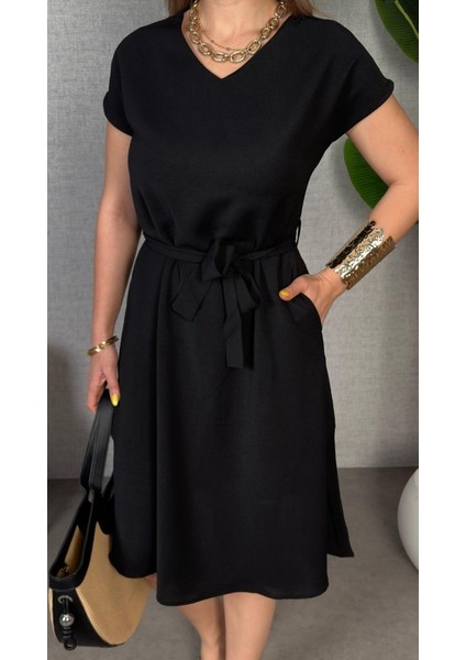 Kadın Kısa Kollu V Yakalı Beli Kuşaklı Ithal Keten Elbise modelleri