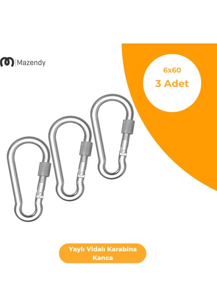 Vidalı Yaylı Karabina Kanca - 6X60 mm (3 Adet) - Kamp, Güvenlik, Emniyet, Anahtarlık