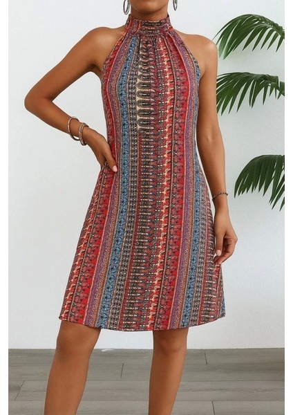 Kadın Kolsuz Boyundan Askılı Desenli Midi Süprem Elbise fırsatları