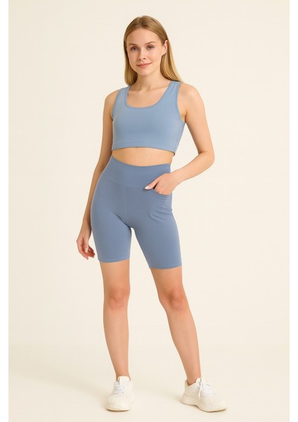 Lupinn Moda Kadın Mavi Yüksek Bel Cepli Biker Tayt ve Crop Atlet Sporcu Takımı