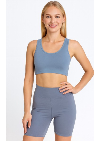 Lupinn Moda Kadın Mavi Yüksek Bel Cepli Biker Tayt ve Crop Atlet Sporcu Takımı modelleri