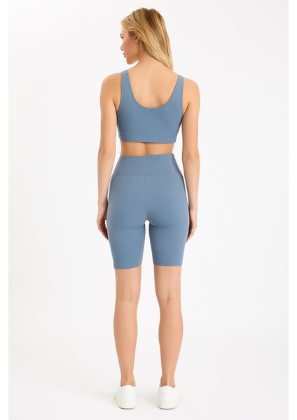 Lupinn Moda Kadın Mavi Yüksek Bel Cepli Biker Tayt ve Crop Atlet Sporcu Takımı fırsatları