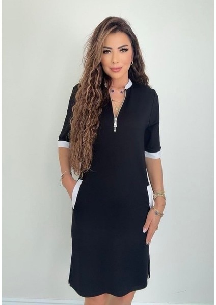 Kadın Kısa Kollu Yakadan Fermuarlı Cepli Yandan Yırtmaçlı Viskon Elbise modelleri
