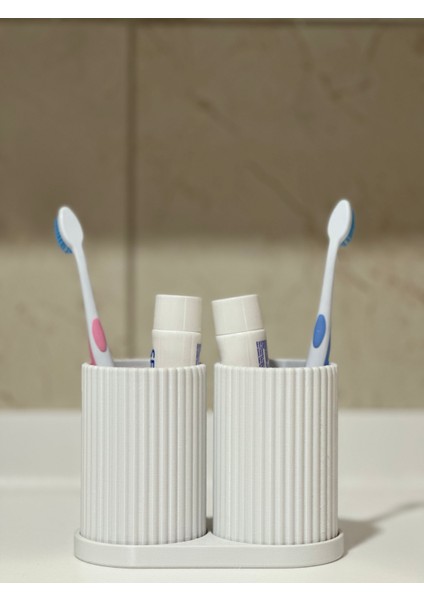 Modern Banyo Düzenleyici - Diş Fırçalık Seti - Ikili Set - Beyaz 10CM