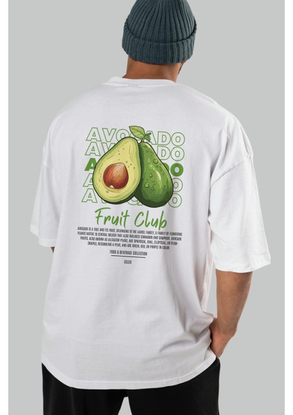 Avocado Arka Baskılı Beyaz Oversize T-Shirt Erkek Kadın Pamuk Bisiklet Yaka Tişort