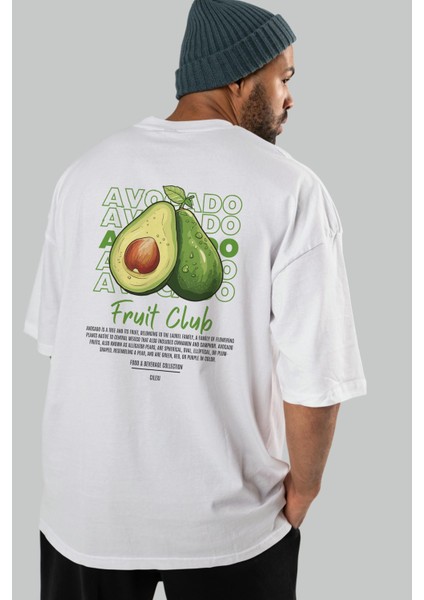 Avocado Arka Baskılı Beyaz Oversize T-Shirt Erkek Kadın Pamuk Bisiklet Yaka Tişort