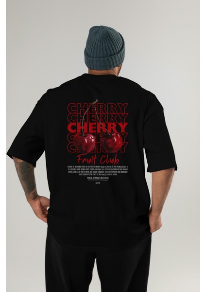 Cherry Arka Baskılı Siyah Oversize T-Shirt Erkek Kadın Pamuk Bisiklet Yaka Tişort fiyatları