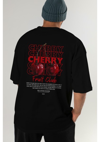 Cherry Arka Baskılı Siyah Oversize T-Shirt Erkek Kadın Pamuk Bisiklet Yaka Tişort