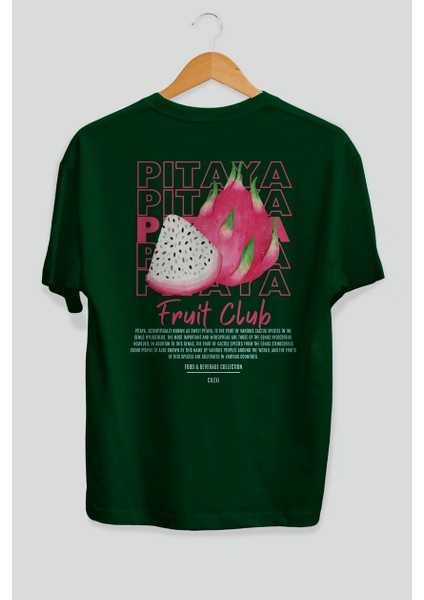 Pitaya Arka Baskılı Yeşil Oversize T-Shirt Erkek Kadın Pamuk Bisiklet Yaka Tişort
