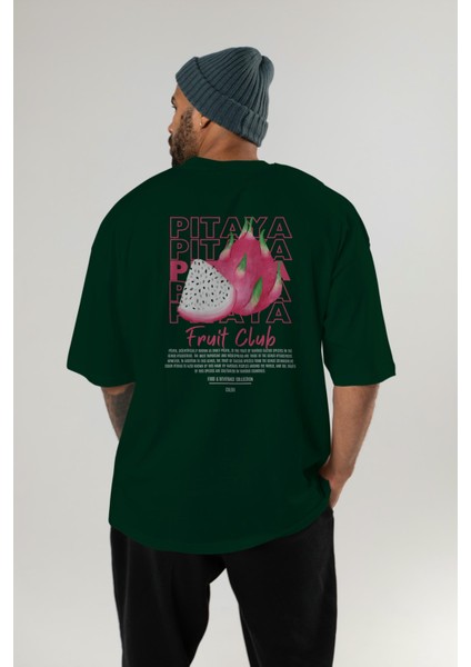 Pitaya Arka Baskılı Yeşil Oversize T-Shirt Erkek Kadın Pamuk Bisiklet Yaka Tişort indirimleri